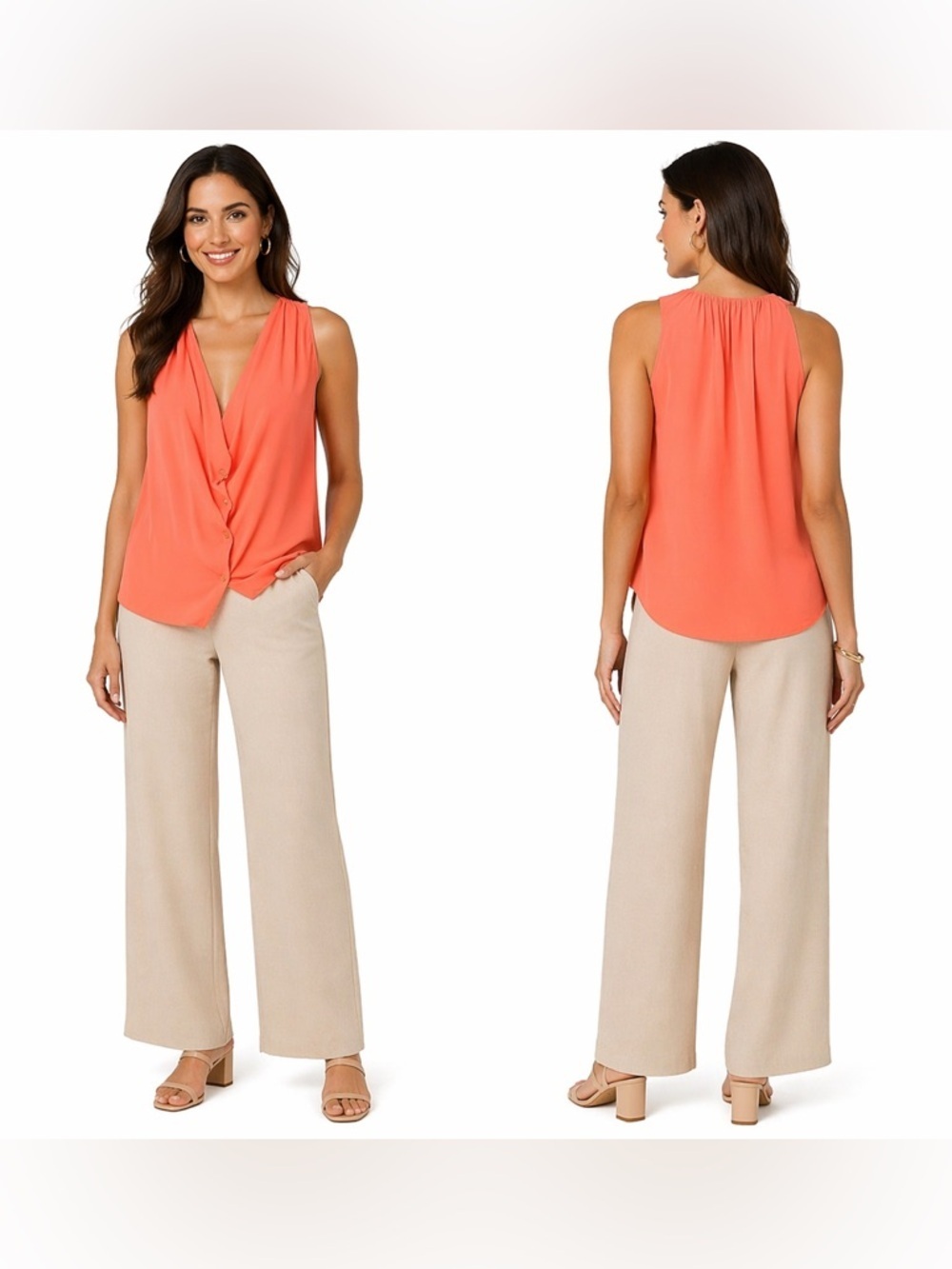 Wilfred Light Orange Draped Sleeveless Button Down Tank Top 100% Silk